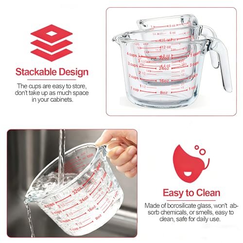 M MCIRCO 6 Pcs Glass Measuring Cups with Lids Set, 1-Cup, 2-Cup, 4-Cup Measuring Jugs with Handle, Nesting Liquid Measuring Cups for Kitchen