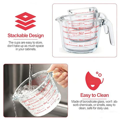 M MCIRCO 6 Pcs Glass Measuring Cups with Lids Set, 1-Cup, 2-Cup, 4-Cup Measuring Jugs with Handle, Nesting Liquid Measuring Cups for Kitchen