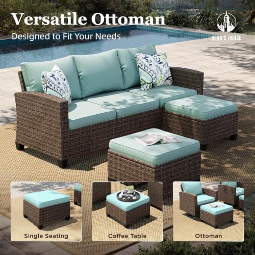 HERA'S HOUSE 8-Piece Wicker Patio Furniture Set with Fire Pit, 9-Seat, Blue
