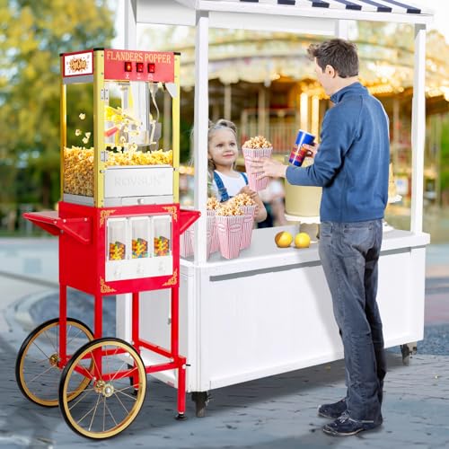 ROVSUN Popcorn Machine Movie Theater Style with Cart & Wheels, 8 Ounce Kettle Makes Up to 32 Cups Popcorn Maker w/Candy Dispensers Scoop Oil Spoon & 3 Popcorn Cups for Commercial Home, ETL Certified