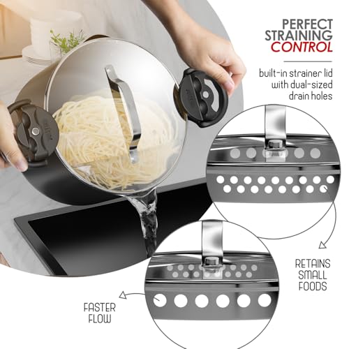 EATEX Pasta Pot with Strainer Lid - 5 Quart Multipurpose Stock Simmer Spaghetti with Strainer - Twist & Lock Handles, Nonstick Ceramic Stainless Steel Tempered Glass Black