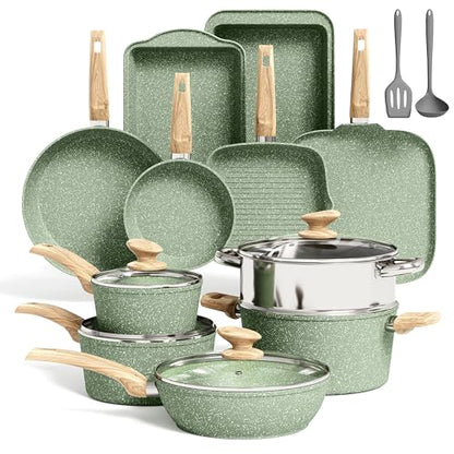 Kitchen Academy 17 Pieces Induction Cookware Set with Griddle, Green Granite Pots and Pans Set Non Stick, Healthy Nonstick Cooking Pans Set