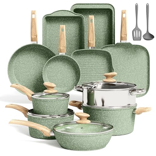 Kitchen Academy 17 Pieces Induction Cookware Set with Griddle, Green Granite Pots and Pans Set Non Stick, Healthy Nonstick Cooking Pans Set
