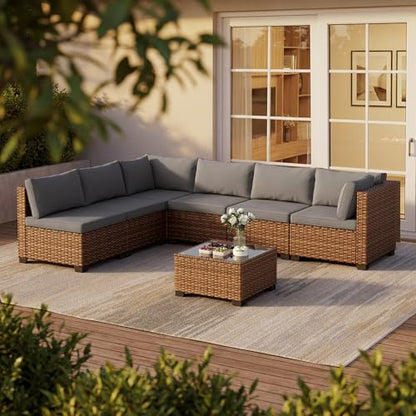 Qsun 7 Pieces Patio Furniture Set, Outdoor Sectional Rattan Sofa Set, Wicker Patio Conversation Set with Cushions and Glass Coffee Table, for Balcony, Porch, Garden, Grey