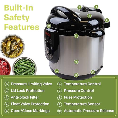 NESCO NPC‑9 Smart Electric Pressure Canner and Cooker for Home Food Preservation, 9.5‑Quart Stainless Steel with Digital Controls