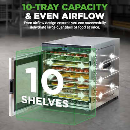 NutriChef Electric Countertop Food Dehydrator -900-Watt Premium Multi-Tier Meat Beef Jerky Maker Fruit/Vegetable Dryer w/10 Shelf Stainless Steel Trays,Digital Timer,Temperature Control-NCFD10S