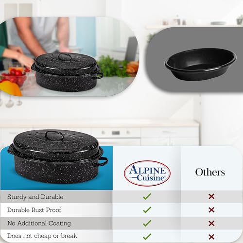 Alpine Cuisine Enamel Oval Roaster | Carbon Steel Oval Roasting Pan 18x14-Inch | Non-Stick Marble Coating with Lid | Oven & Dishwasher Safe | Even Heat Distribution | Ideal for Large & Small Servings