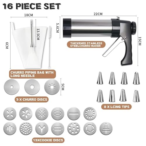 CEANZO Cookie Maker, Churros Maker, Spritz Cookies Press Gun 3 in 1 for Baking with 13 Cookie Discs, 3 Churros Discs and 8 Piping Tips Stainless Steel Easy Clean Cookies Decorating Kit for Christmas