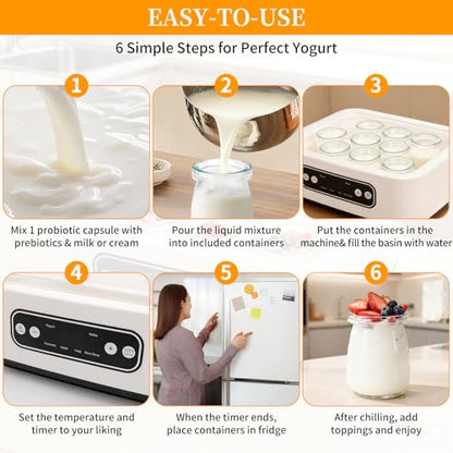 Homemade Greek yogurt comes with 9 jars, temperature control and intelligent timer, multi-purpose rice wine, fermentation, natto, etc (White)