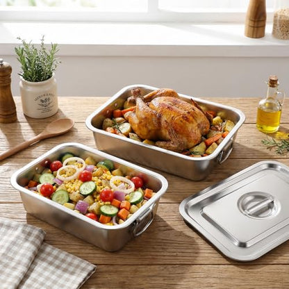 4 Inch Extra Deep Lasagna Pan with Lid and Handles, 14x10.6 Inch Stainless Steel Large Baking Dish Tray, Nonstick Lasagna Baking Thick Metal Roasting Pan for Casserole Brownie Turkey, Silver