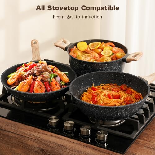 13 Pcs Pots and Pans Set, Nonstick Cookware Sets Black Granite Induction Cookware, Non-toxic Healthy Non stick Kitchen Cooking Set with Frying Pans Set, Saucepans (PFAS/PFOA/PFOS Free)
