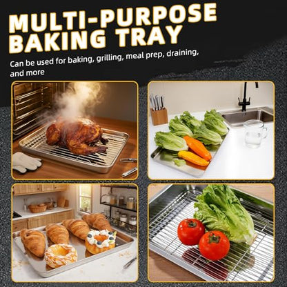 4-Piece Baking Sheet Set with Cooling Rack, Stainless Steel Cookie Sheets & Baking Pans Set, Non-Stick Cookie Trays for Oven Roasting & Food Prep, BPA-Free 10/12/16 Inch