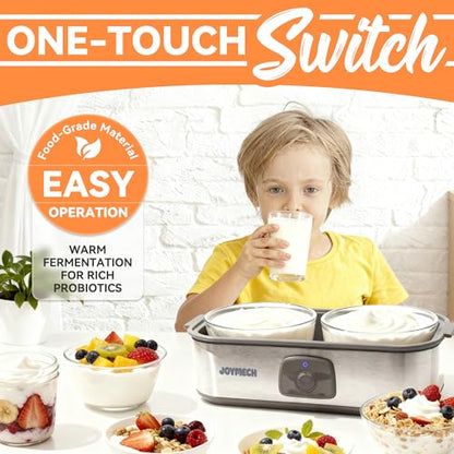 JoyMech Yogurt Maker Machine with Two 1-Quart Containers for Larger Batches, Oatmeal, Pudding, or Jello, Food-Grade Martial, One-touch Control, Homemade Yogurt