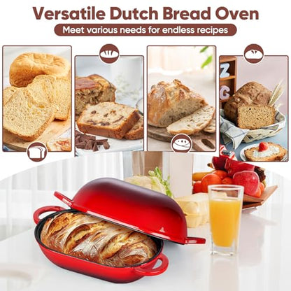 TeamFar Enameled Cast Iron Bread Loaf Pan, 2 QT Oval Dutch Oven with Lid for Sourdough Bread Baking, Enameled Meatloaf Loaf Baking Pan with Lid, Even Heat Distribution & Self-Basting, Red