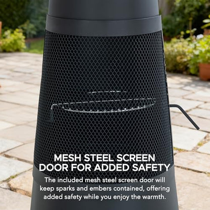 SUNJOY 2-in-1 Chiminea Fire Pit & Grill, 57" Tall Outdoor Fireplace with Removable Stainless Steel Grill Grate, Spark Screen & PVC Cover for Patio, Backyard, Cooking - Black