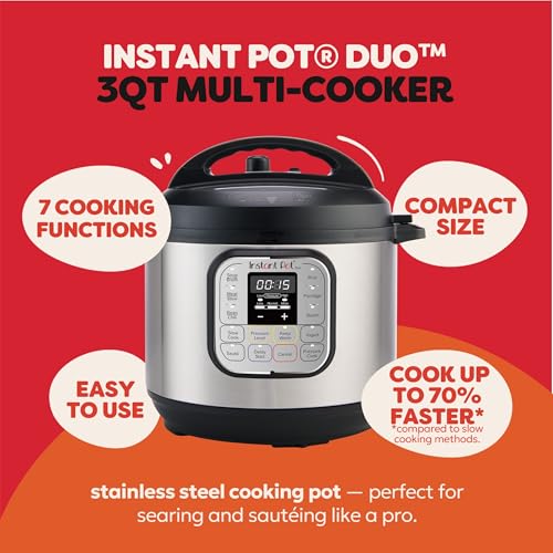Instant Pot Duo 7-in-1 Mini Electric Pressure Cooker, Slow Rice Cooker, Steamer, Sauté, Yogurt Maker, Warmer & Sterilizer, Includes Free App with over 1900 Recipes, Stainless Steel, 3 Quart
