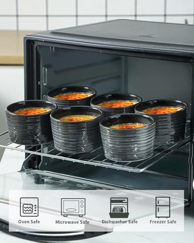 Hasense Ramekins 8 oz Oven Safe for Creme Brulee, Ceramic Souffle Dish Oven Safe Set of 6,Porcelain Dipping Sauce Bowls for Pudding, Creme Brulee, Souffle, Serving Dip, Custard, Ice Cream, Grey