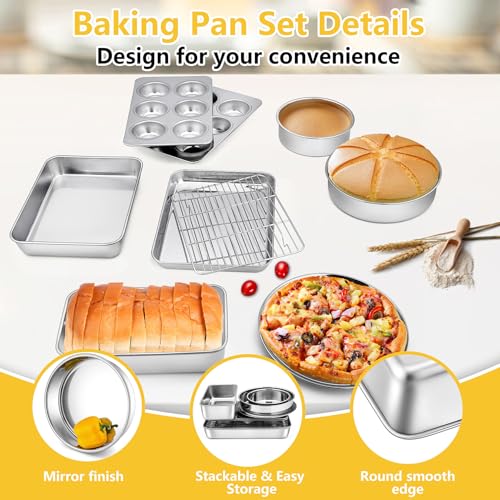 9 Pcs Bakeware Set, P&P CHEF Stainless Steel Kitchen Bakeware Pans, Including Toaster Oven Pan/Cooling Rack/Lasagna Pan/Round Cake Pans/Muffin/Loaf/Pizza Pan, Healthy & Durable, Dishwasher Safe
