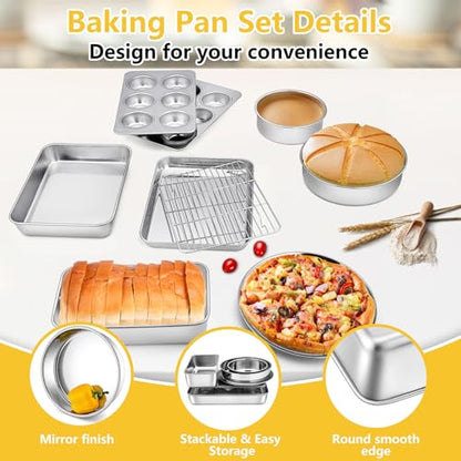 9 Pcs Bakeware Set, P&P CHEF Stainless Steel Kitchen Bakeware Pans, Including Toaster Oven Pan/Cooling Rack/Lasagna Pan/Round Cake Pans/Muffin/Loaf/Pizza Pan, Healthy & Durable, Dishwasher Safe