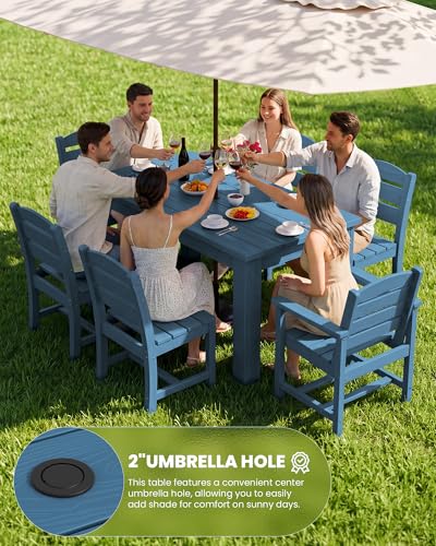 SERWALL 59" HDPE Outdoor Dining Set for 10, w/ 2 Tables & 10 Chairs, Blue
