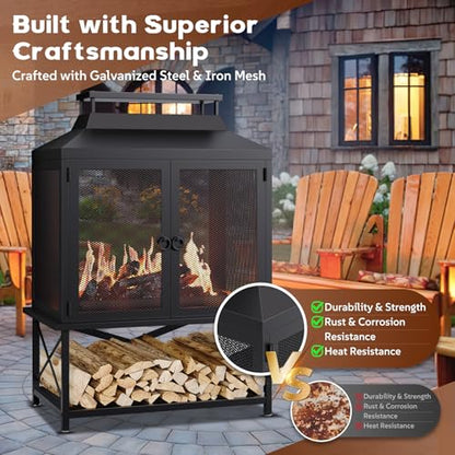 Large Outdoor Chiminea Fire Pit with Grill, Outdoor Fireplace, Outdoor Wood Burning Fireplace with Chimney, 360° Mesh Spark Screen Door, Fire Poker and Log Storage Rack for Patio Backyard