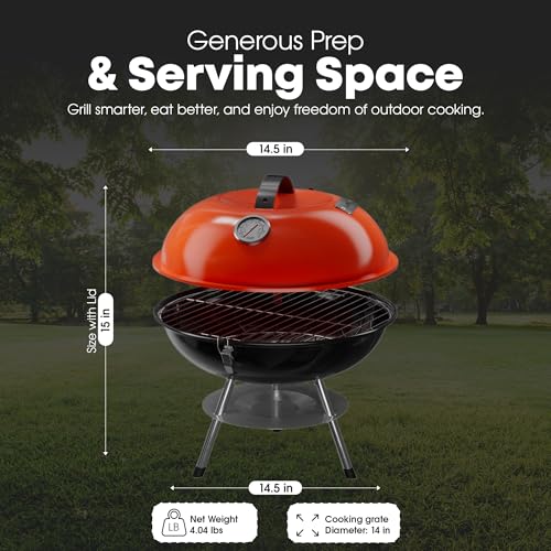 GasOne 14-inch Portable Charcoal Barbecue Grill with Thermometer – Red