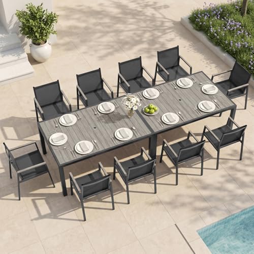 Oasbira Outdoor Dining Set for 10, Aluminum Patio Table and Chairs Set, 12-Piece All Weather Patio Dining Furniture Set with Umbrella Hole for Backyard, Deck, Poolside (Gray)