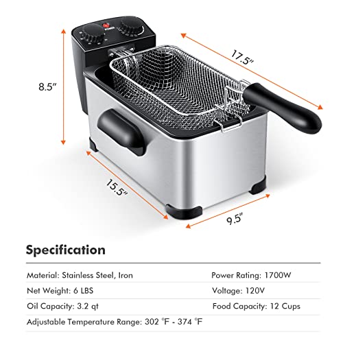 COSTWAY 3.2Qt/3L Deep Fryer with Basket, Adjustable Temperature & Timer