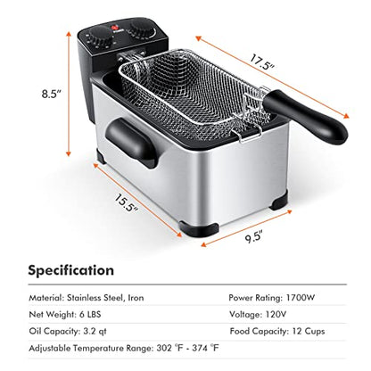 COSTWAY 3.2Qt/3L Deep Fryer with Basket, Adjustable Temperature & Timer