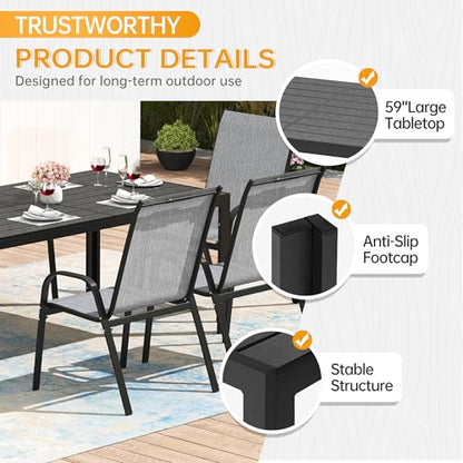 PIZZELLO 5-Piece Outdoor Patio Dining Set, 4Pcs Stackable Patio Chairs and Rectangular Dining Table, All Weather Outdoor Table and Chairs Set for Backyard, Garden, Deck and Poolside