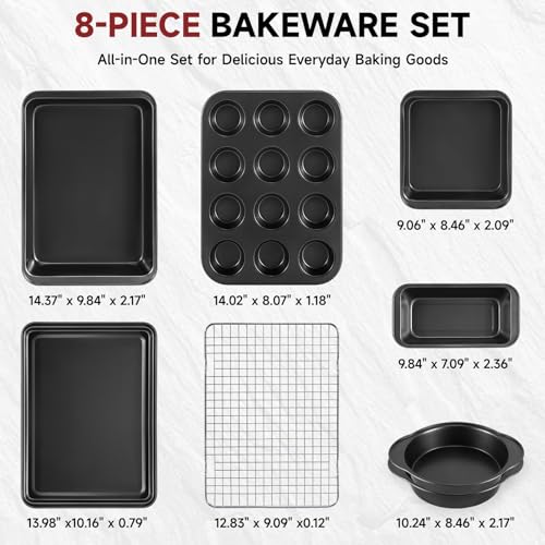 Unokit 8-Piece Nonstick Baking Pans Set - Stainless Steel Bakeware Set Stackable Trays with Cookie Sheets, Cake, Loaf, Round & Square Pan and Cooling Rack, Dishwasher & Oven Safe