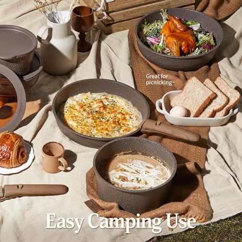 CAROTE 21PCS Pots and Pans Set Non Stick with Detachable Handle, Nonstick Cookware Sets, Cooking Kitchen Set, Oven/Dishwasher Safe, Induction Cookware, Brown, RV Kitchen Pot and Pan