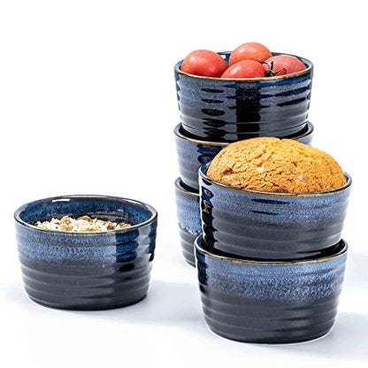 Henten Home Ceramic 8 oz Ramekins Set of 6, Porcelain Souffle and Creme Brulee Ramekins, Oven Safe Small Bowls, Reactive Glaze (Blue)