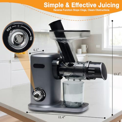 NEWBULIG Cold Press Juicer, Slow Masticating Juicer with 5.9" Large Feed Chute for Whole Vegetables & Fruits, Reverse Function & Dishwasher Safe Parts, High Juice Yield, Silver