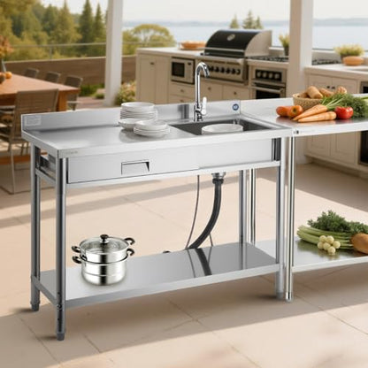 VEVOR Stainless Steel Utility Sink, Rolling Single Bowl Commercial Kitchen Sink with Drawer, Faucet and Hot & Cold Water Pipe, Utility Basin for Garage, Restaurant, Laundry, 47.2 x 19.7 x 37 in