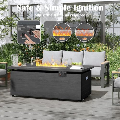 Sundale Outdoor 51 Inch Outdoor Fire Pit Table, 50,000BTU Rectangle Propane Fire Pit with Sliding Tank Holder, Glass Wind Guard, Removable Lid, CSA Certified, Gray