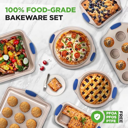 NutriChef 10-Piece Nonstick Bakeware Set - Premium Carbon Steel Baking Pan Set w/Heatsafe Silicone Handles, Includes Pizza Crisper, Loaf Pan, 12 & 24 Cup Muffin Pans, Cake Pans, Cookie Sheets
