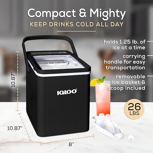 Igloo Ice Maker Countertop, Portable Ice Maker with Handle, 26lbs, Black