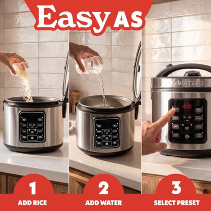 Gourmia Rice Cooker – 5 Qt Capacity, 20 Cup Cooked, 10 Cup Uncooked, Digital Controls, 6 Cooking Presets, Grain Cooker & Steamer, Nonstick Pot, Steam Tray, Delay Timer, Keep Warm, Stainless Steel