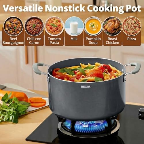 10 Quart Nonstick Stock Pot with Lid - BEZIA Ceramic Large Soup Pot, Big Pot with Silicone Handles, Easy Cleanup, Compatible with All Cooktops, Perfect for Roasts, Large Batches & Holiday Cooking