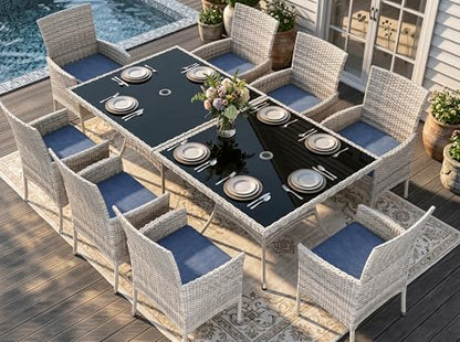Sweecci Outdoor Dining Set, 10-Piece Patio Furniture Set with Tempered Glass Table and 8 Cushioned Chairs, Dual-Strand Wicker Rattan, Balcony Furniture for Backyard, Garden, Deck,– Navy Blue