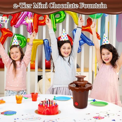 5-OZ Mini Chocolate Fountain with 10 Forks, 2-Tier Mini Chocolate Dipping Machine for Use Only with Chocolate Syrup, fit for Parties, Daily Use, Powered by 4 x C Batteries (Not Included)
