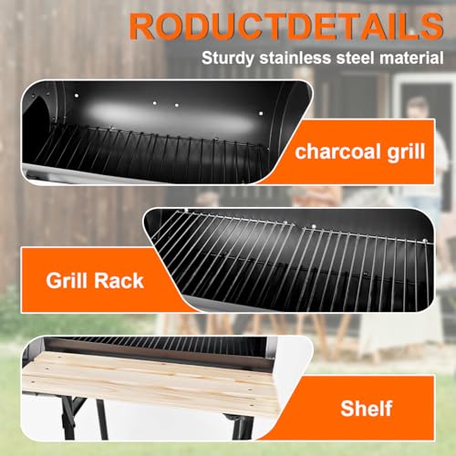 HALNYHYFD Charcoal Grills with Offset Smoker & Thermometer, Barrel BBQ Grill & Smoker Combo, Spacious Barbecue Grill for Outdoor Backyard Camping Parties