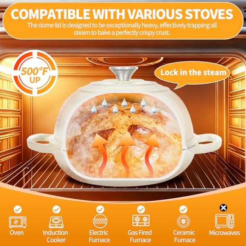 ONKO Dutch Oven For Sourdough Bread Baking, 6QT Enameled Cast Iron Dutch Oven Pot With Lid, Non-stick Sourdough Baking Pan with Bread Dome, Round Ceramic Dutch Ovens Pot with Cloche for Homemade