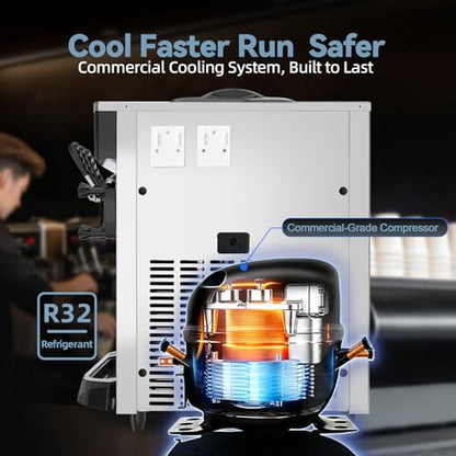 Commercial Soft Serve Ice Cream Machine 3 Flavor, Countertop Soft Serve Machine 22–28 L/hr, 2×6L Hoppers, 110V 1600W, Frozen Yogurt Machine with Pre-Cool, Night Mode, Low Mix Alert, One-Touch Clean
