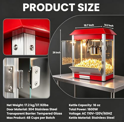 1600W Commercial Popcorn Machine, 16 Oz Kettle Countertop Popcorn Maker with Warming Deck, Removable Stainless Steel Kettle, 3-Switch Control, for Concession Stand Carnival School Events, Pink