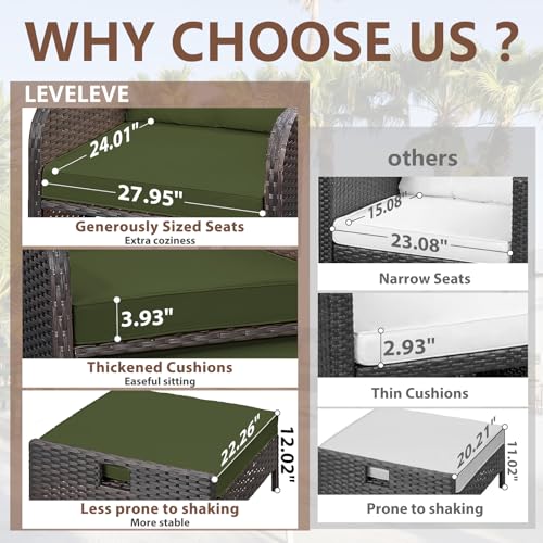 LEVELEVE Balcony Furniture 5 Piece Patio Conversation Set, PE Wicker Rattan Outdoor Lounge Chairs with Soft Cushions 2 Ottoman&Glass Table for Porch, Lawn-Brown Wicker（Army Green
