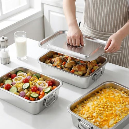 4 Inch Extra Deep Lasagna Pan with Lid and Handles, 14x10.6 Inch Stainless Steel Large Baking Dish Tray, Nonstick Lasagna Baking Thick Metal Roasting Pan for Casserole Brownie Turkey, Silver