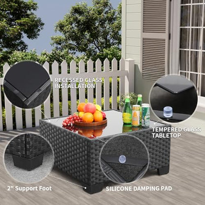 Rattaner 9 Pieces Outdoor Sectional All-Weather Wicker Patio Furniture Set Patio Sectional Glass Patio Table Non-Slip Cushions and Waterproof Covers, Khaki