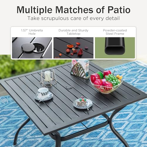 PHI VILLA 5 Piece Patio Dining Set with 10FT Umbrella (Beige), Outdoor Table and Chairs Set with Patio Folding Dining Chairs & Metal Square Dining Table for Yard Garden Deck